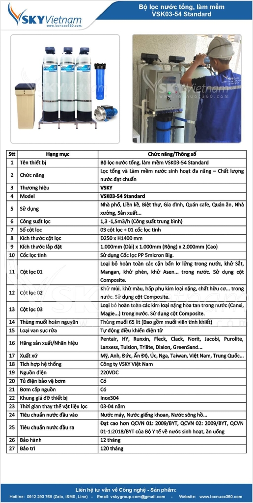 Thông số kỹ thuật Bộ lọc nước tổng, làm mềm giá rẻ VSK03B-54 Standard