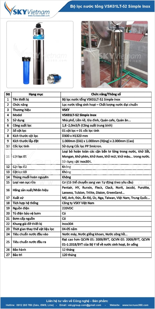 Thông số kỹ thuật Bộ lọc nước tổng giá rẻ VSK01LT-52 Simple Inox