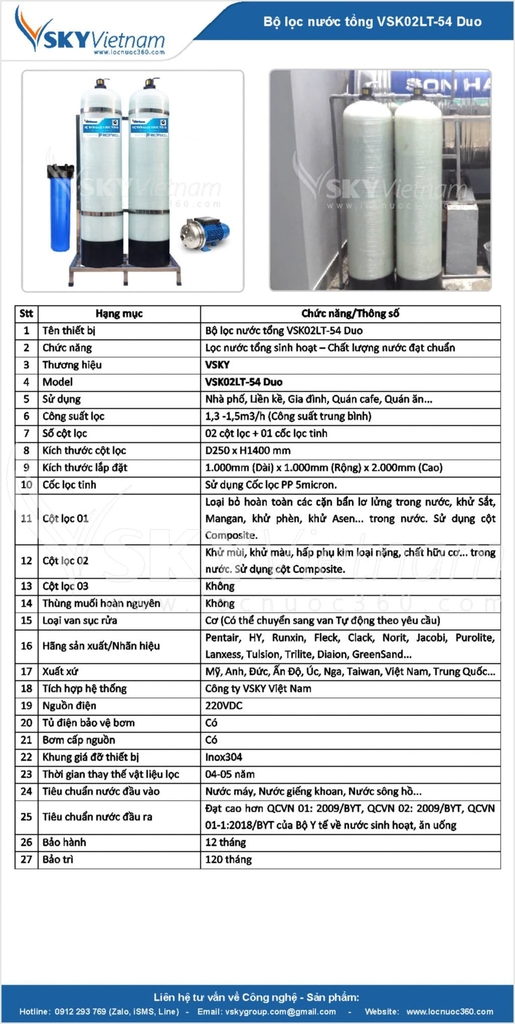 Thông số kỹ thuật Bộ lọc nước tổng giá rẻ VSK02LT-54 Duo