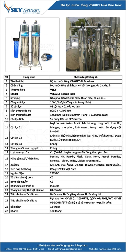 Thông số kỹ thuật Bộ lọc nước tổng giá rẻ VSK02LT-54 Duo Inox