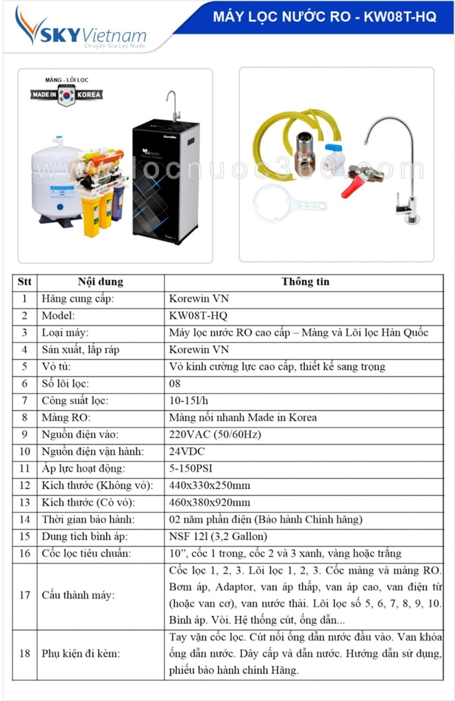 Thông số kỹ thuật máy lọc nước Korewin KW08THQ