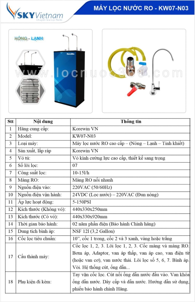 Thông số kỹ thuật máy lọc nước Korewin KW07-N03