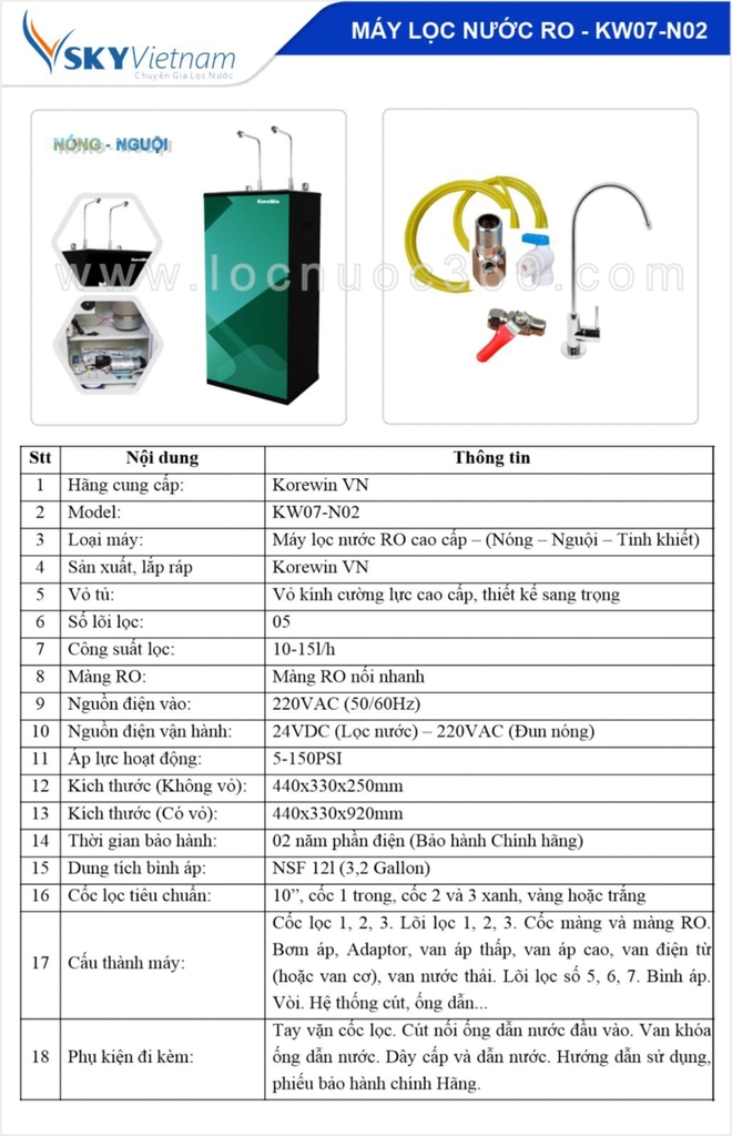 Thông số kỹ thuật máy lọc nước Korewin KW07-N02