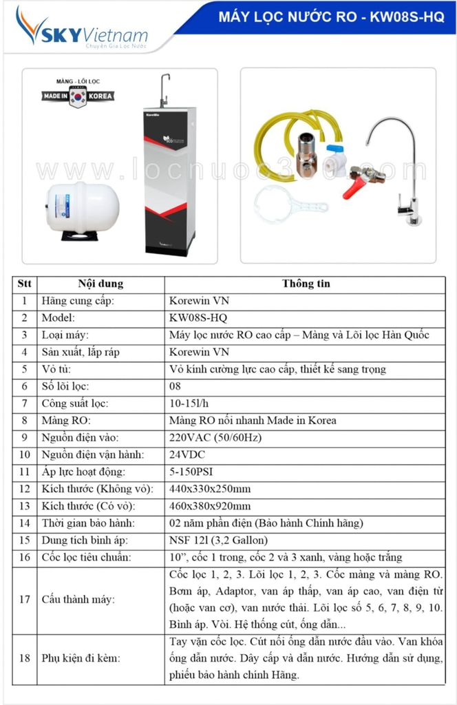 Thông số kỹ thuật máy lọc nước Korewin KW08SHQ