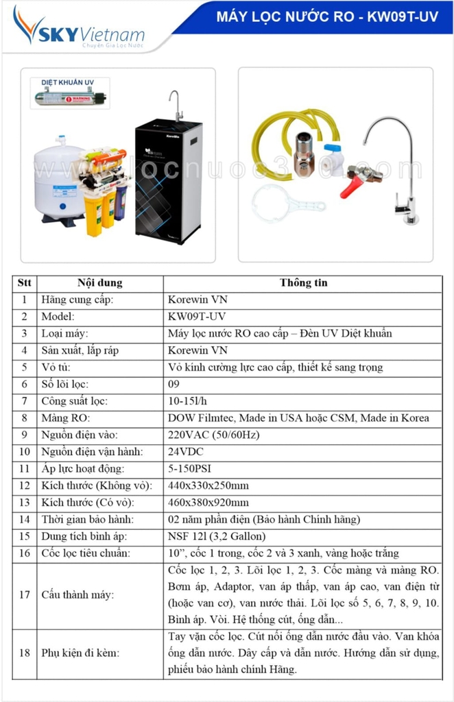 Thông số kỹ thuật máy lọc nước Korewin KW09TUV